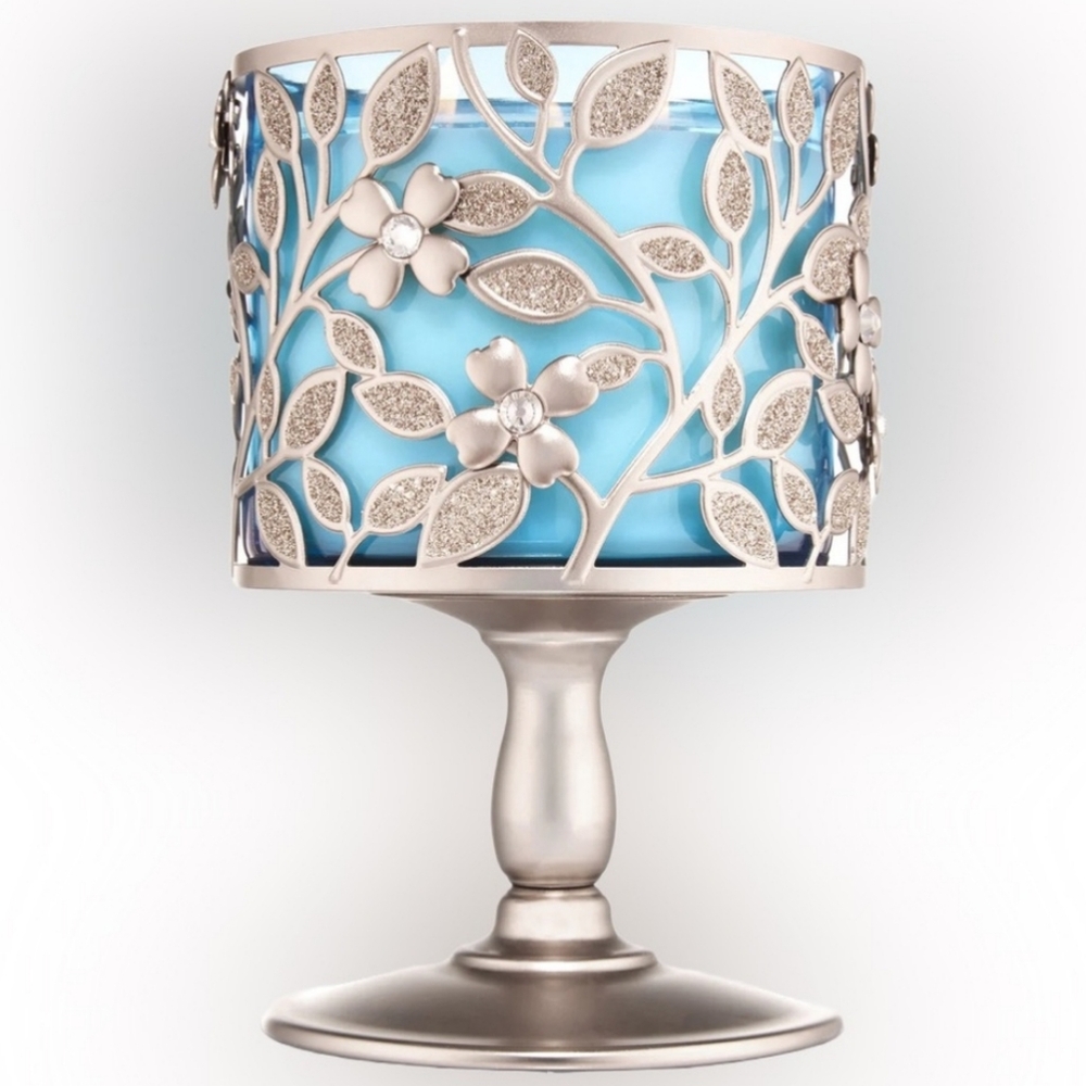 Bath & Body Works Silver Dogwood Pedestal 3-Wick Candle Holder NEW